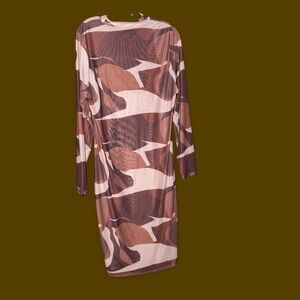 SHEIN Camouflage Long Sleeve Dress - Brown and Tan
